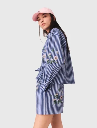 Camicia corta a righe ricamata