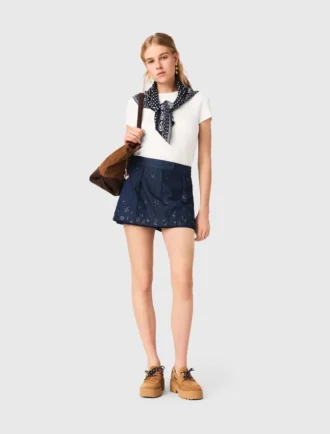 Gonna-pantaloncino in denim ricamato con effetto a strati
