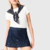 Gonna-pantaloncino in denim ricamato con effetto a strati Gonna-pantaloncino in denim ricamato con effetto a strati